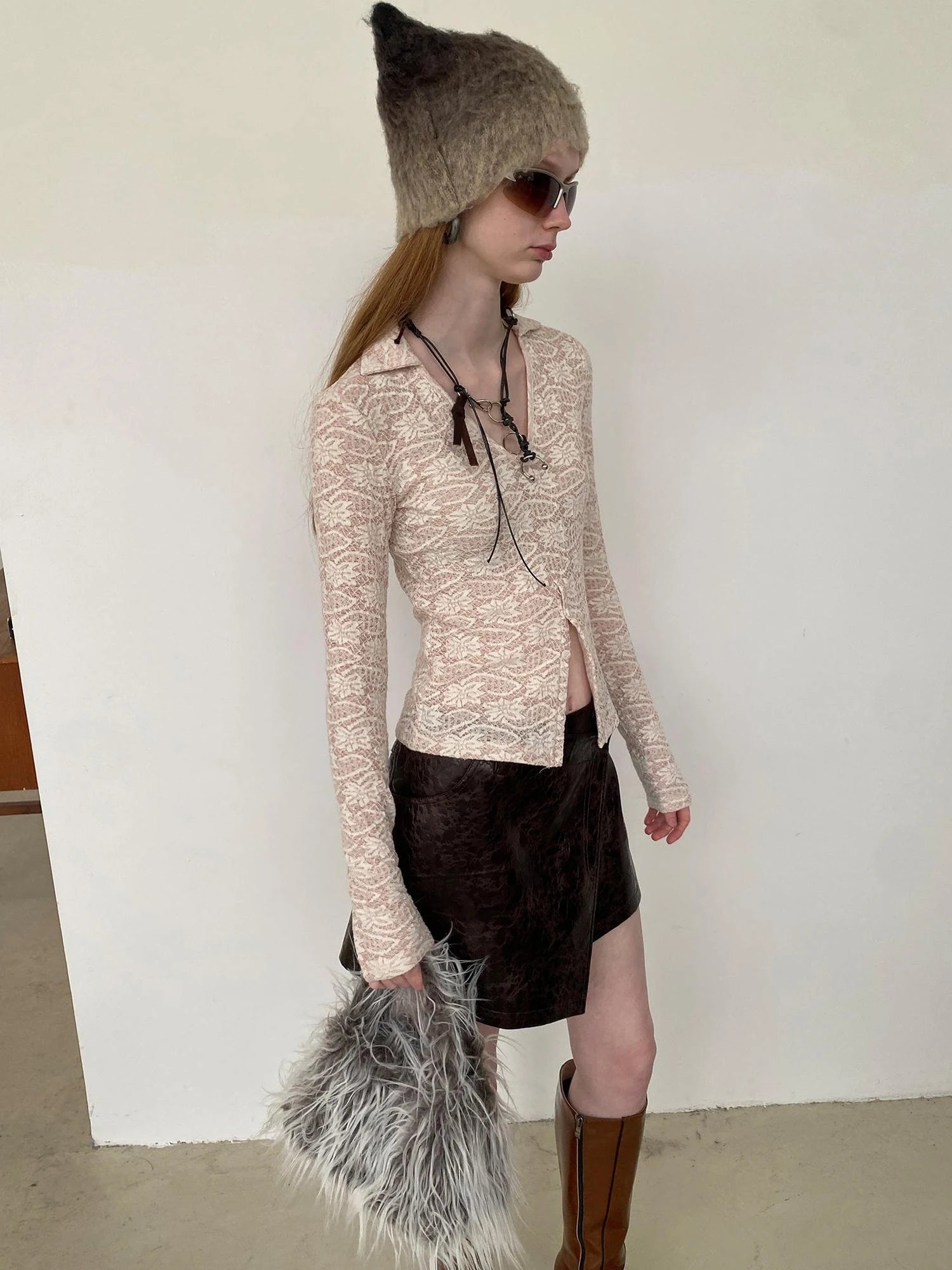 Lace V-Neck Rib Knit Crop Top with Slit