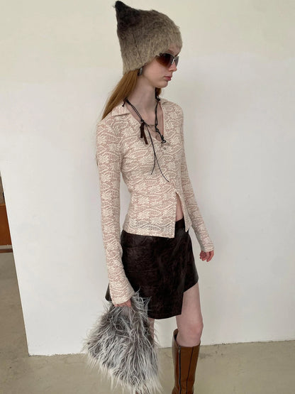 Lace V-Neck Rib Knit Crop Top with Slit