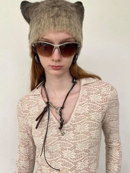 Lace V-Neck Rib Knit Crop Top with Slit