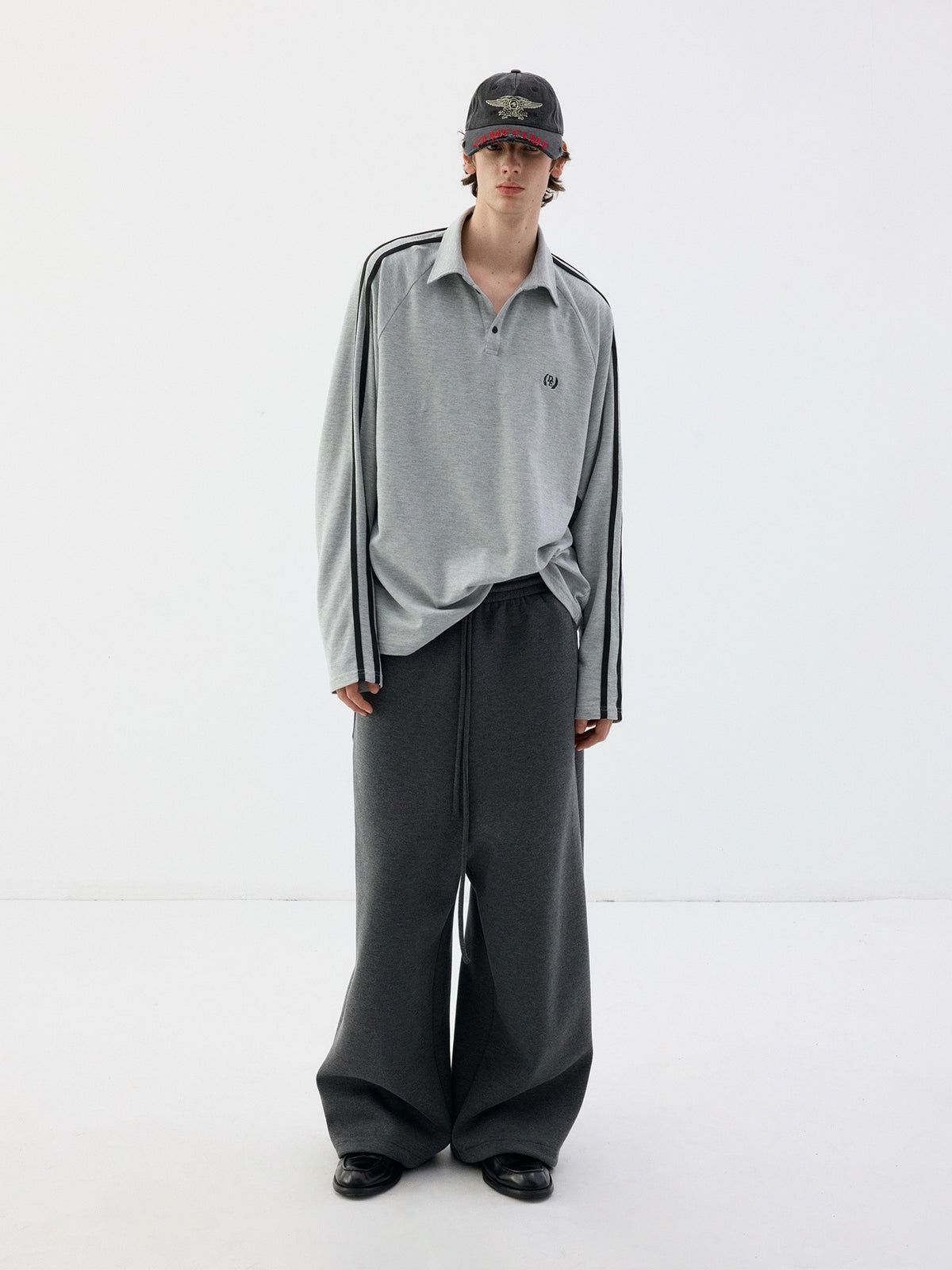 Delivery_Light_Gray_Open_Sleeve_Two_Way_Polo_Neck_Contrast_Black_Stripe_Women&