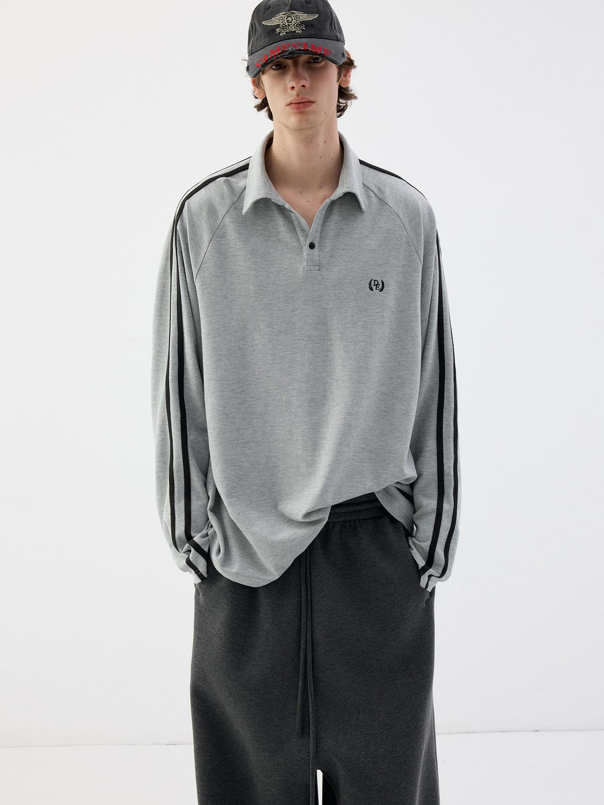 Delivery Light Gray Open Sleeve Two Way Polo Neck Contrast Black Stripe Women&