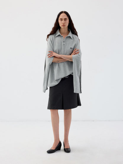 Delivery Light Gray Open Sleeve Two Way Polo Neck Contrast Black Stripe Women&
