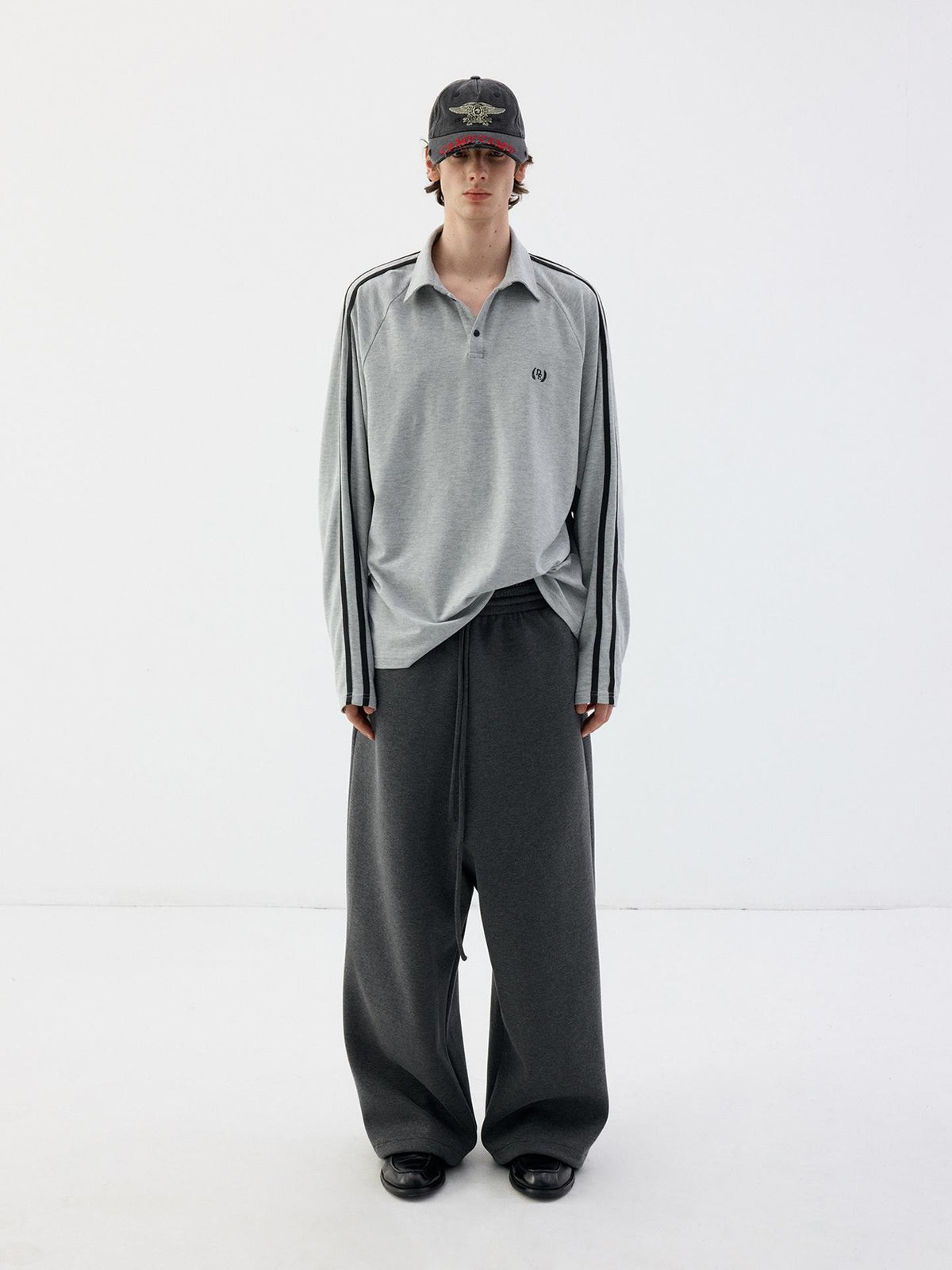 Delivery Light Gray Open Sleeve Two Way Polo Neck Contrast Black Stripe Women&