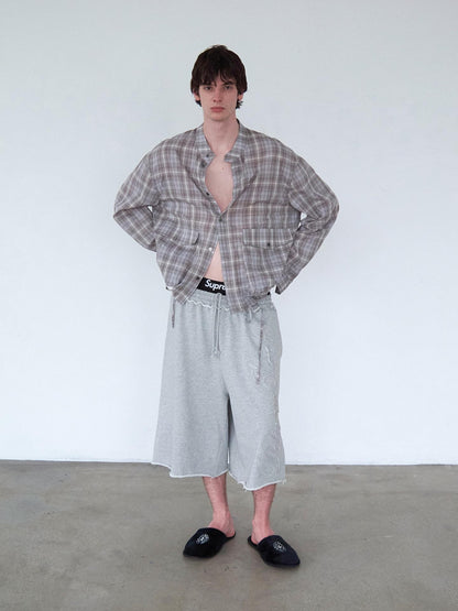 Delivery Light Grey Blue Check Stand Collar Crinkle Drawstring Women&