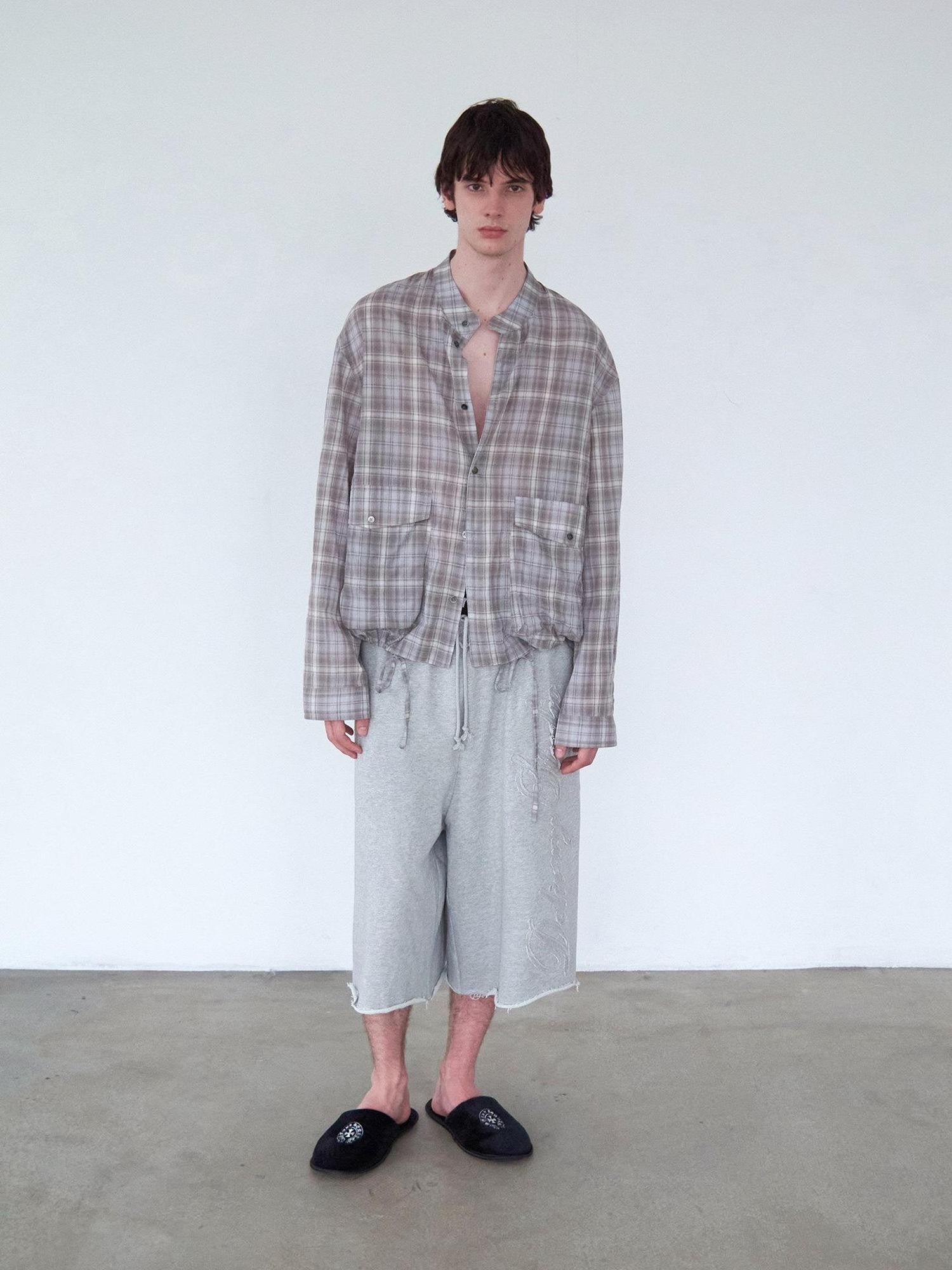 Delivery Light Grey Blue Check Stand Collar Crinkle Drawstring Women&