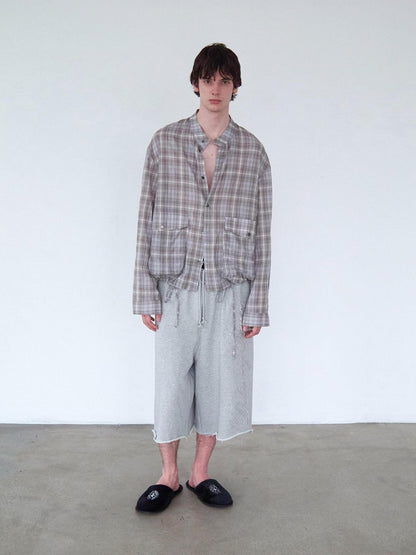 Delivery Light Grey Blue Check Stand Collar Crinkle Drawstring Women&