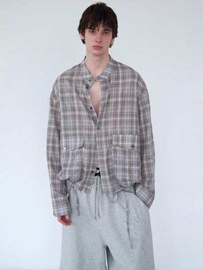Delivery Light Grey Blue Check Stand Collar Crinkle Drawstring Women&