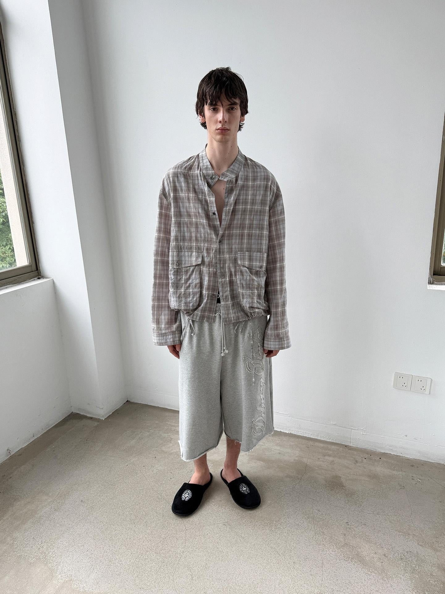 Delivery Light Grey Blue Check Stand Collar Crinkle Drawstring Women&