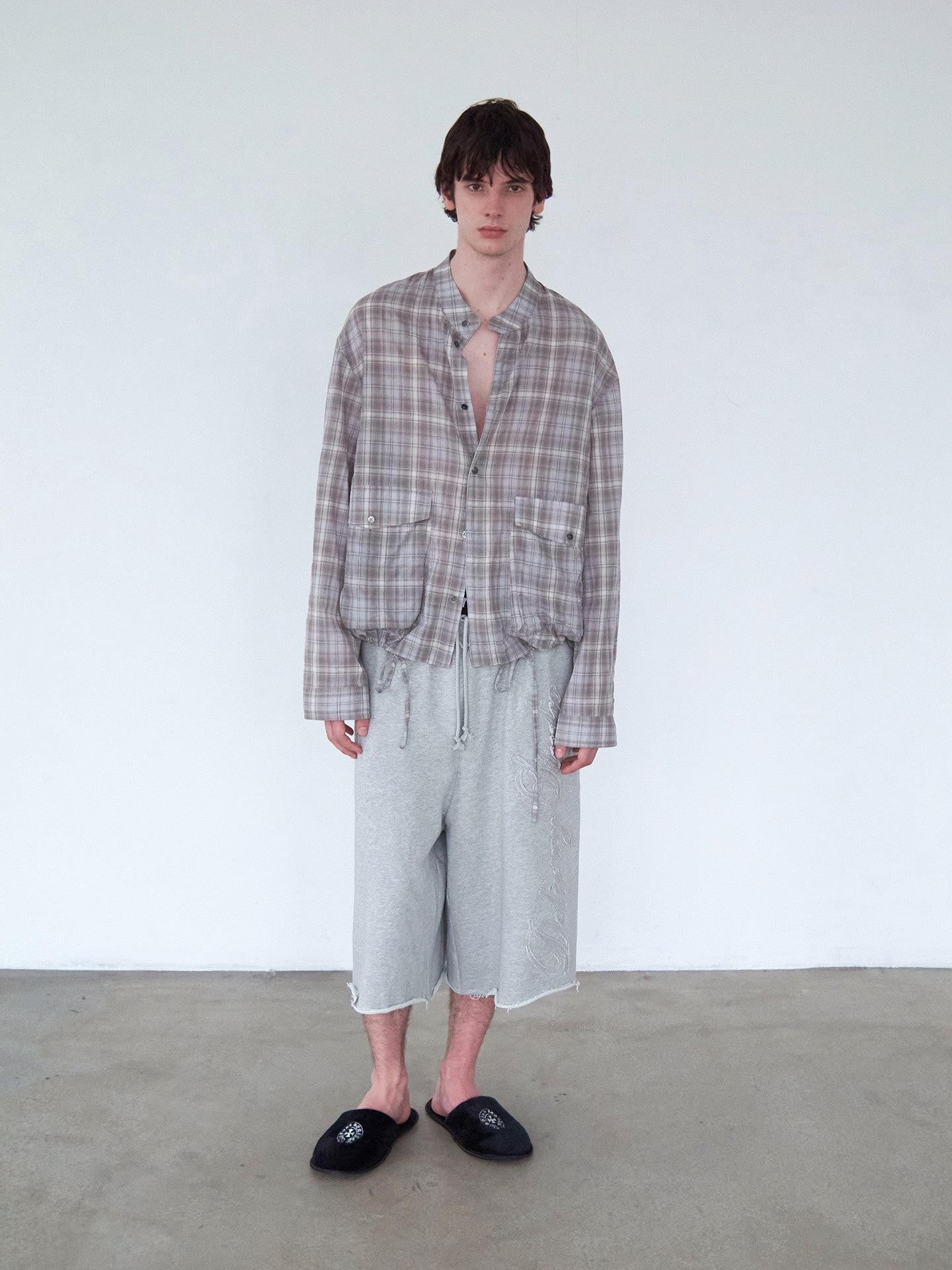 Delivery Light Grey Blue Check Stand Collar Crinkle Drawstring Women&