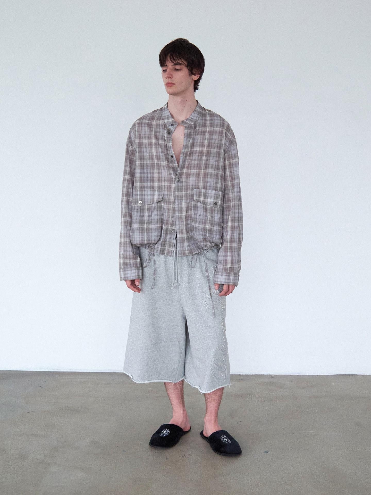 Delivery Light Grey Blue Check Stand Collar Crinkle Drawstring Women&