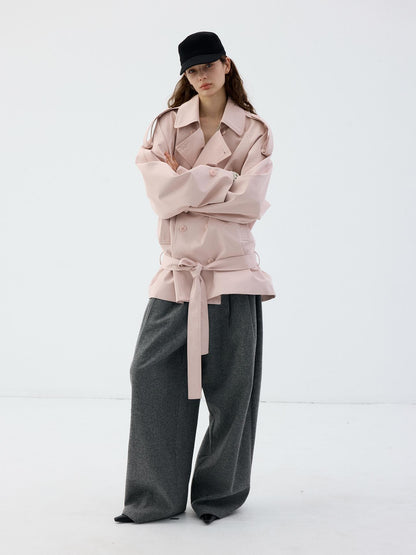 Delivery Light Pink Double Breasted Belted Cropped Women&