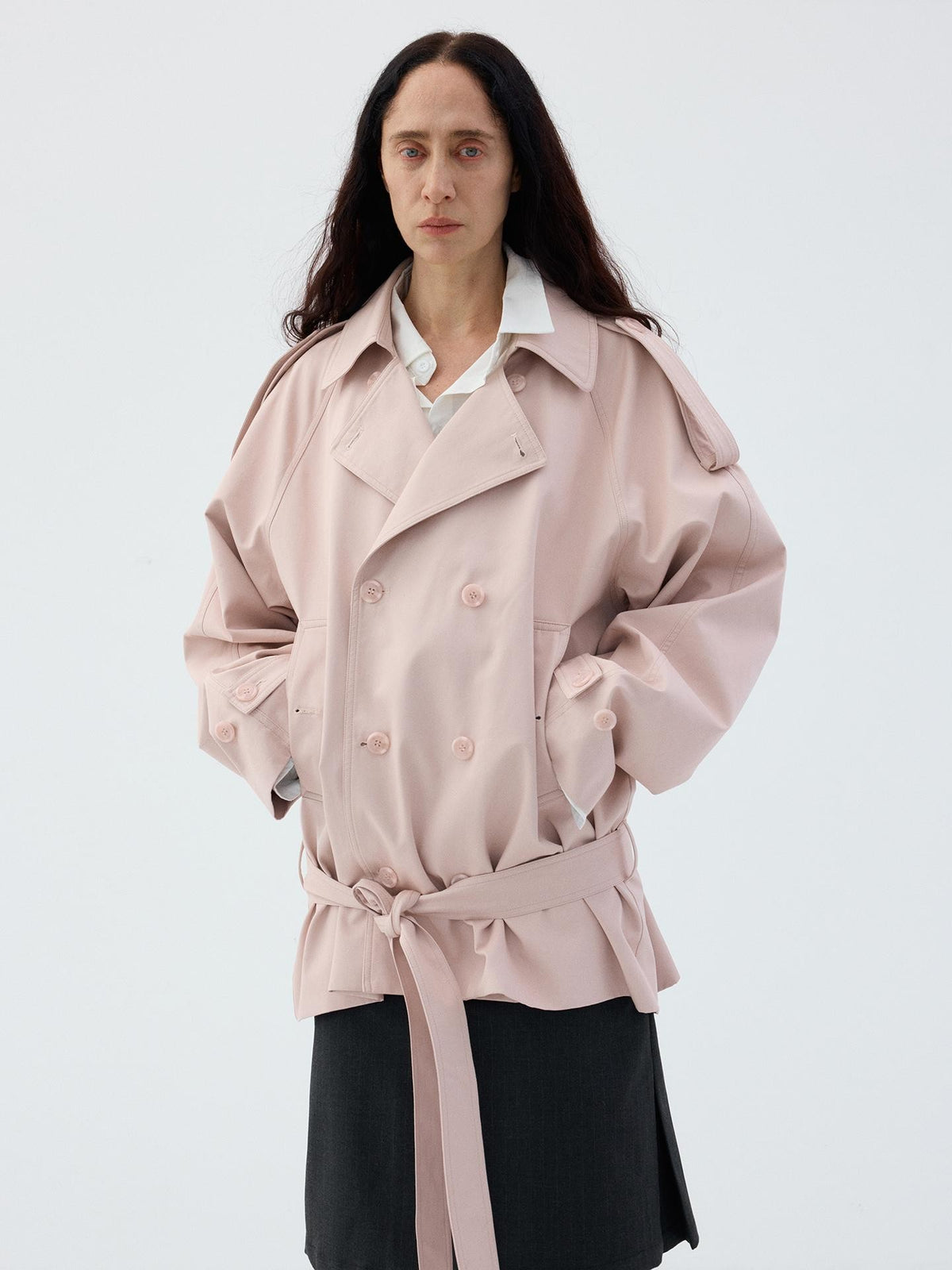 Delivery Light Pink Double Breasted Belted Cropped Women&