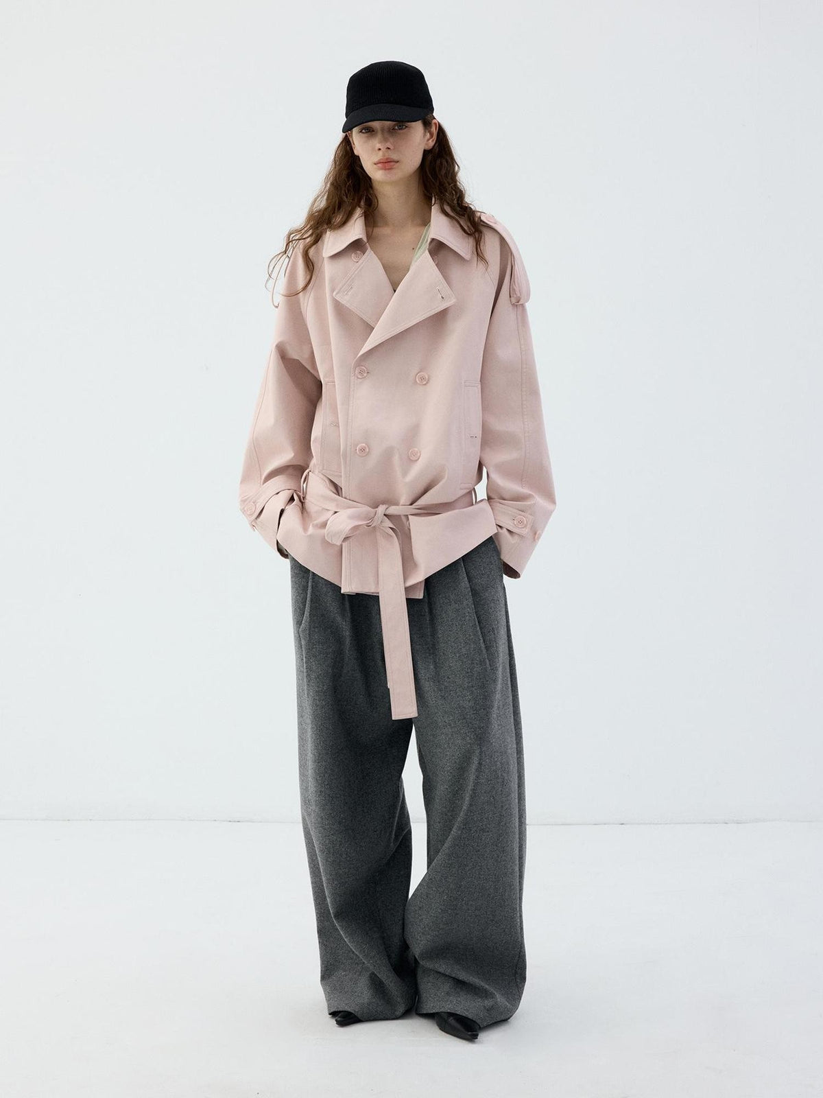 Delivery Light Pink Double Breasted Belted Cropped Women&