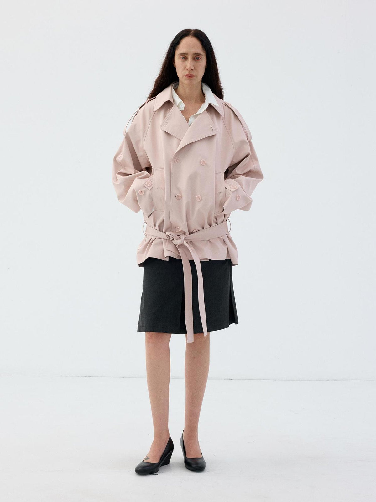 Delivery Light Pink Double Breasted Belted Cropped Women&