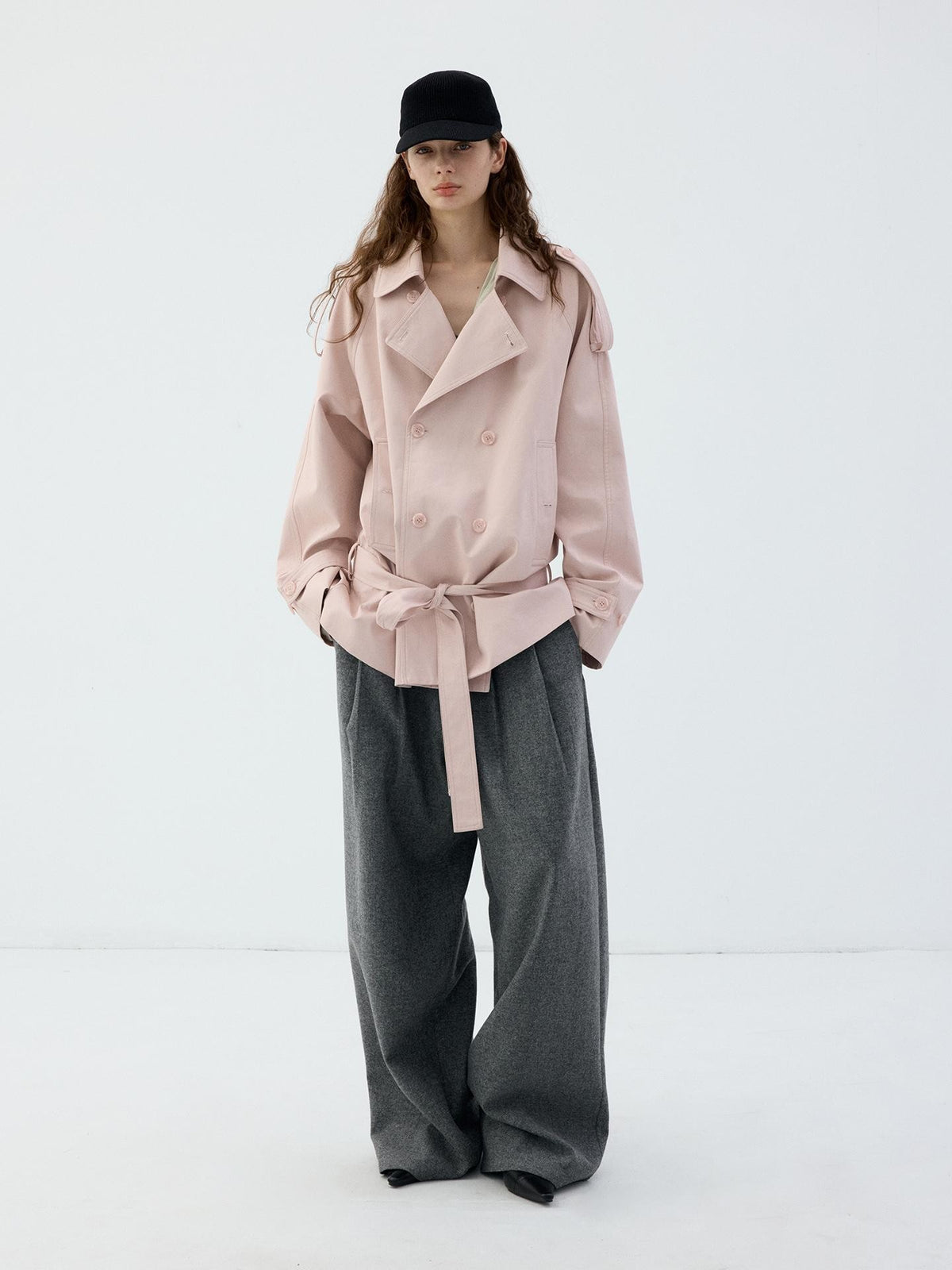 Delivery Light Pink Double Breasted Belted Cropped Women&