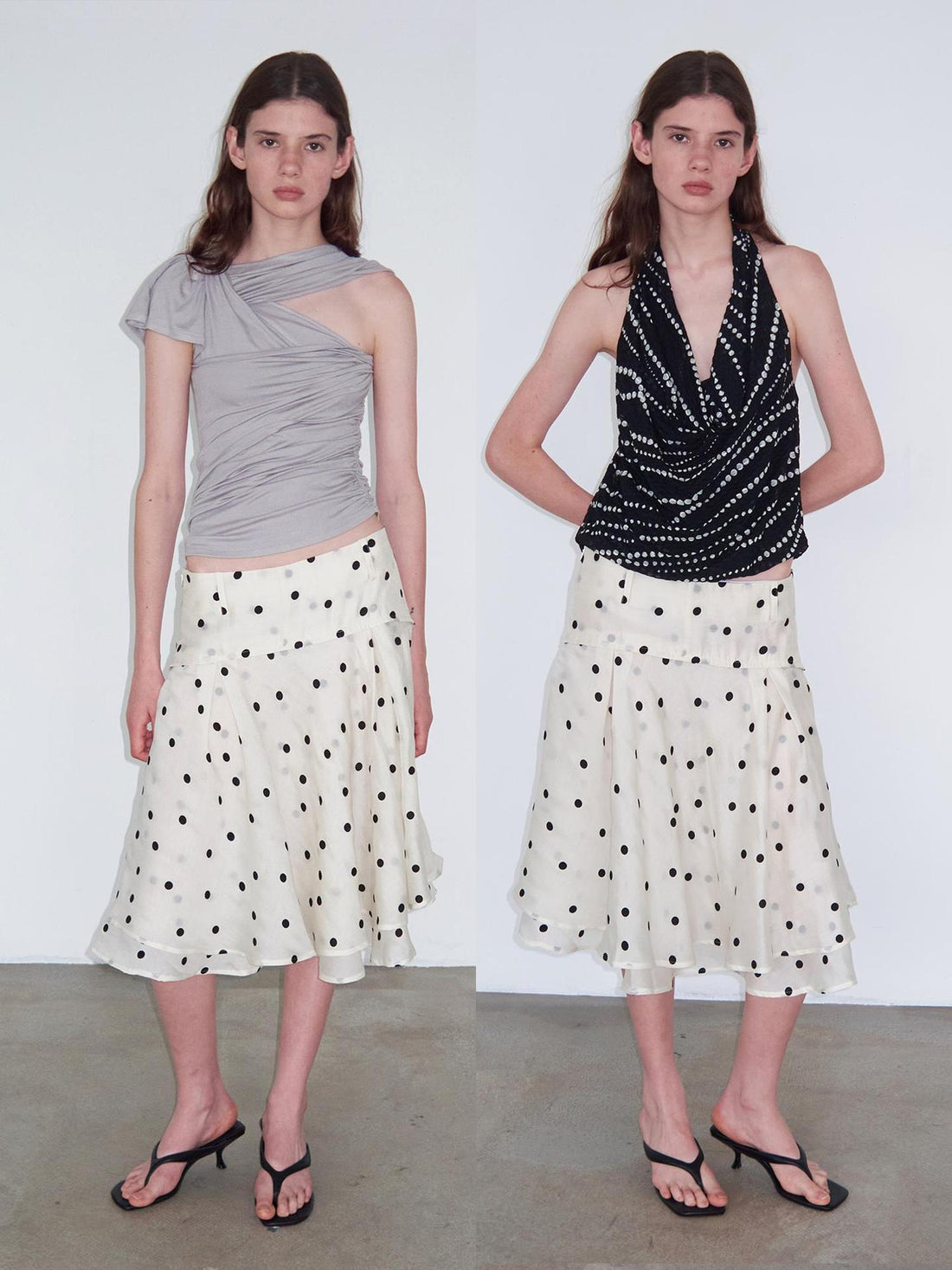 Delivery Low Waist Beige Flocked Black Polka Dot A Line Skirt