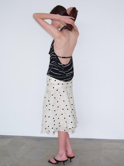 Delivery Low Waist Beige Flocked Black Polka Dot A Line Skirt
