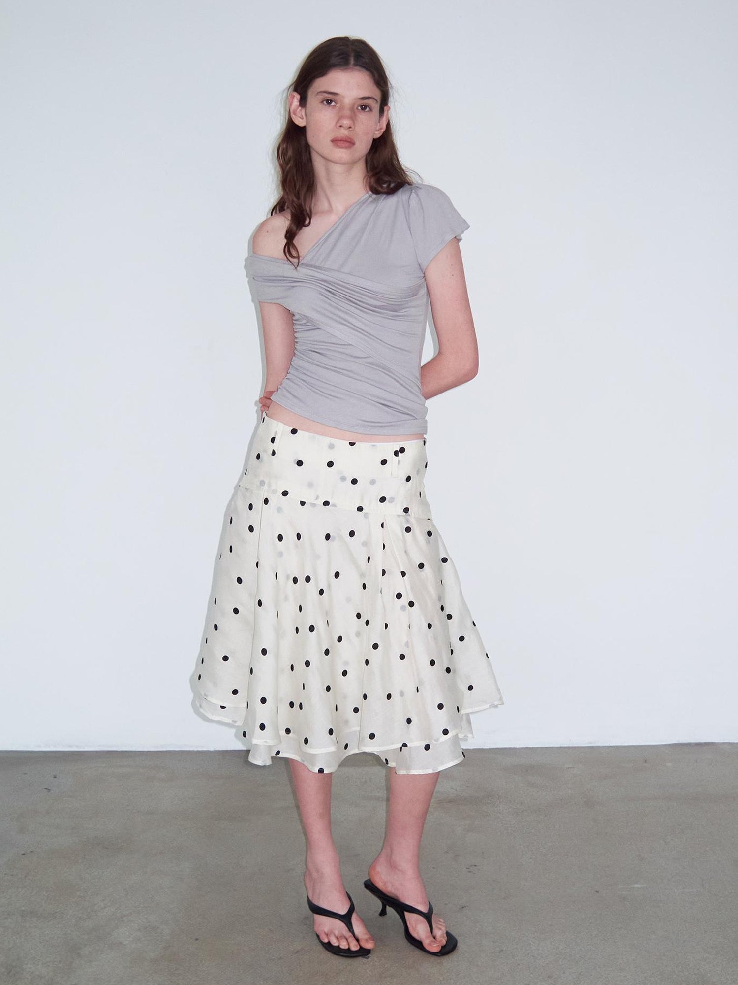 Delivery Low Waist Beige Flocked Black Polka Dot A Line Skirt