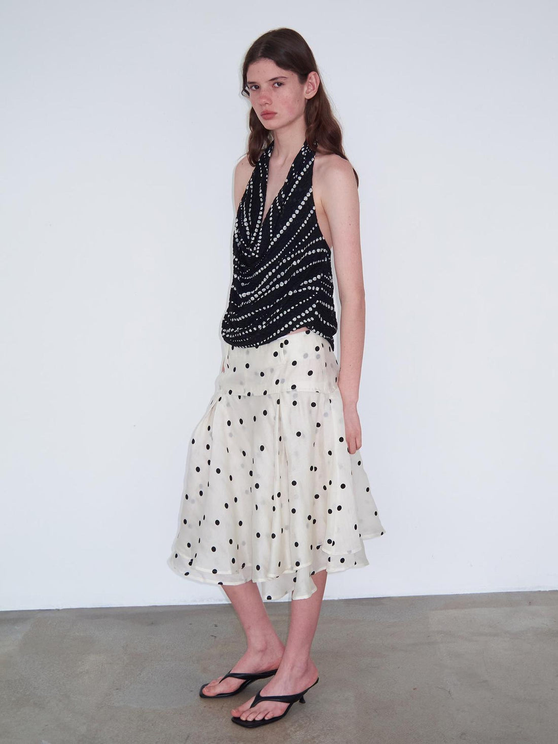 Delivery Low Waist Beige Flocked Black Polka Dot A Line Skirt