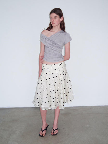 Delivery Low Waist Beige Flocked Black Polka Dot A Line Skirt
