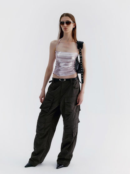 Delivery Metallic Champagne Pink Knitted Crinkle Strap Halter Top