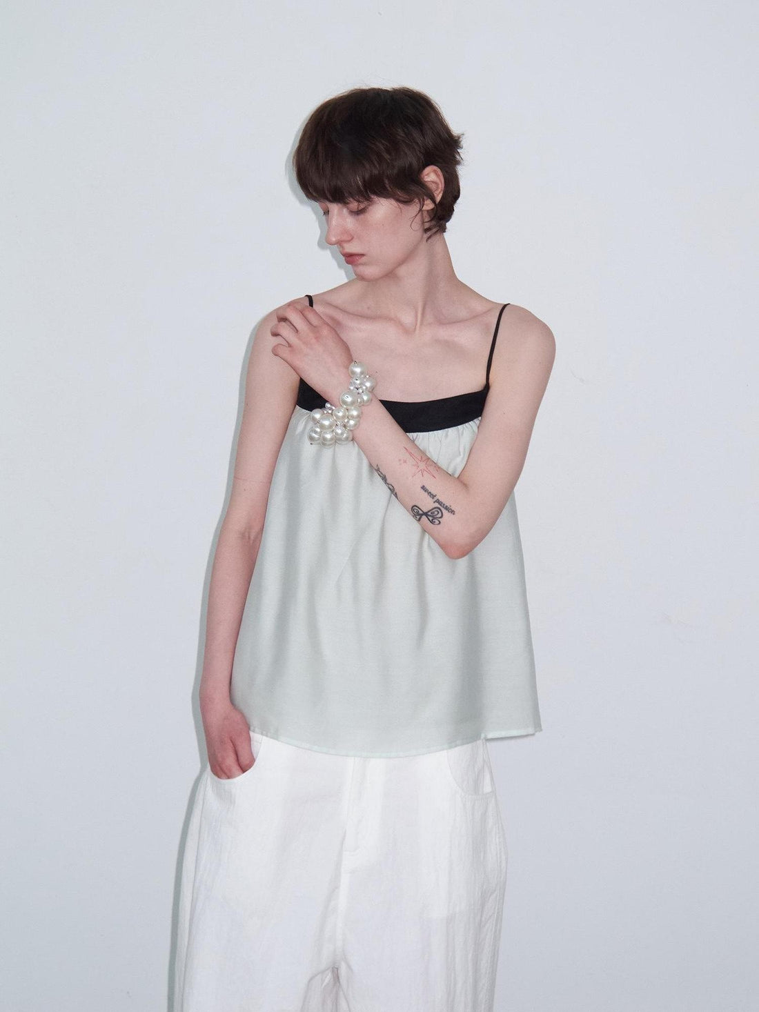 Delivery Mint Green Black Contrast Ruched Square Neck Loose Women&