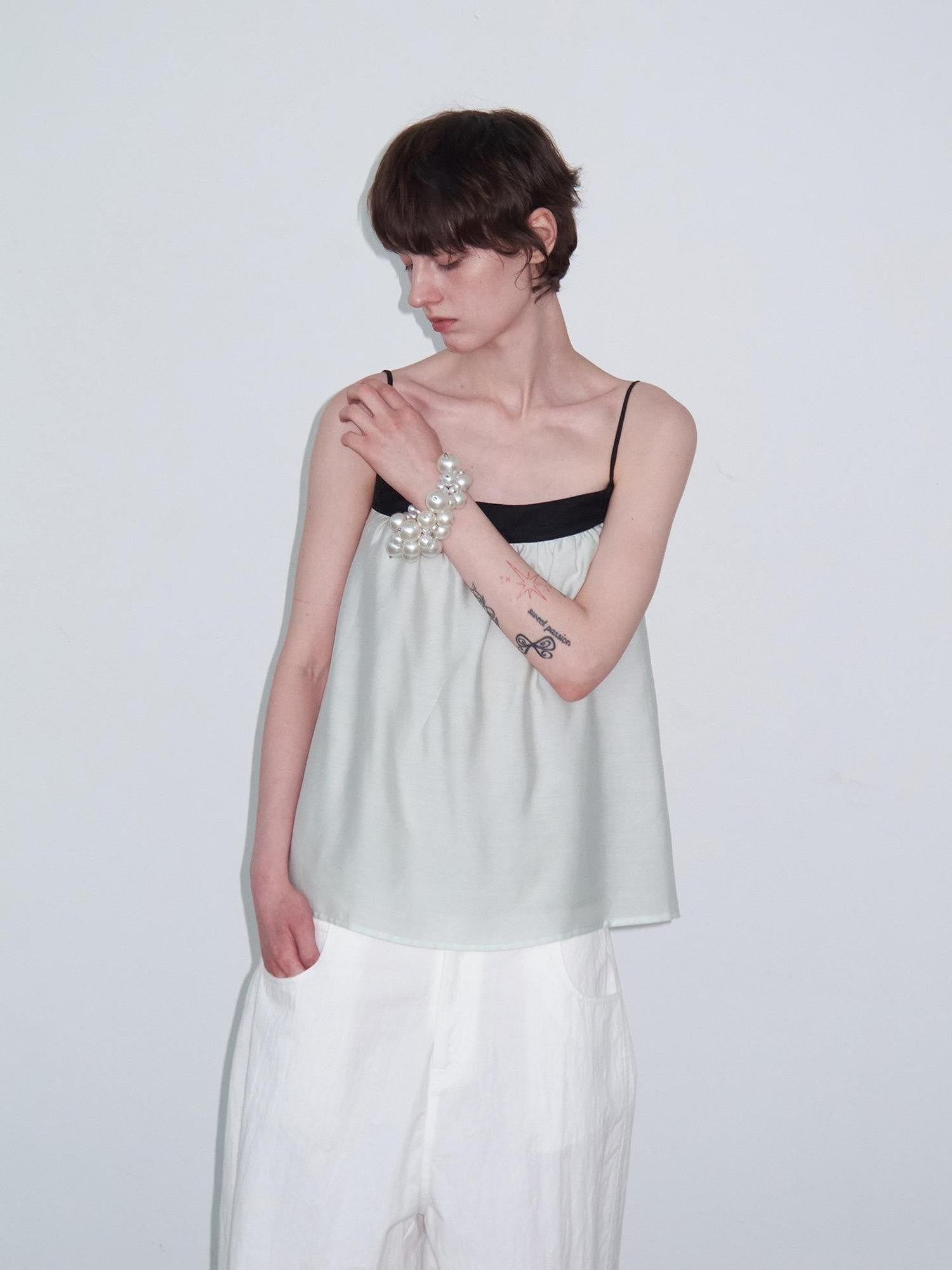 Delivery Mint Green Black Contrast Ruched Square Neck Loose Women&