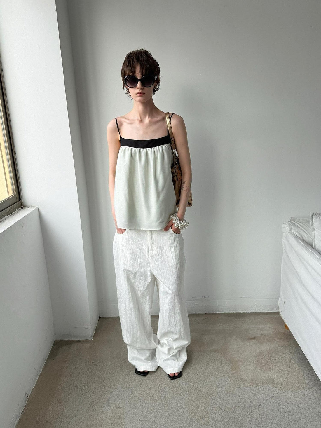 Delivery Mint Green Black Contrast Ruched Square Neck Loose Women&