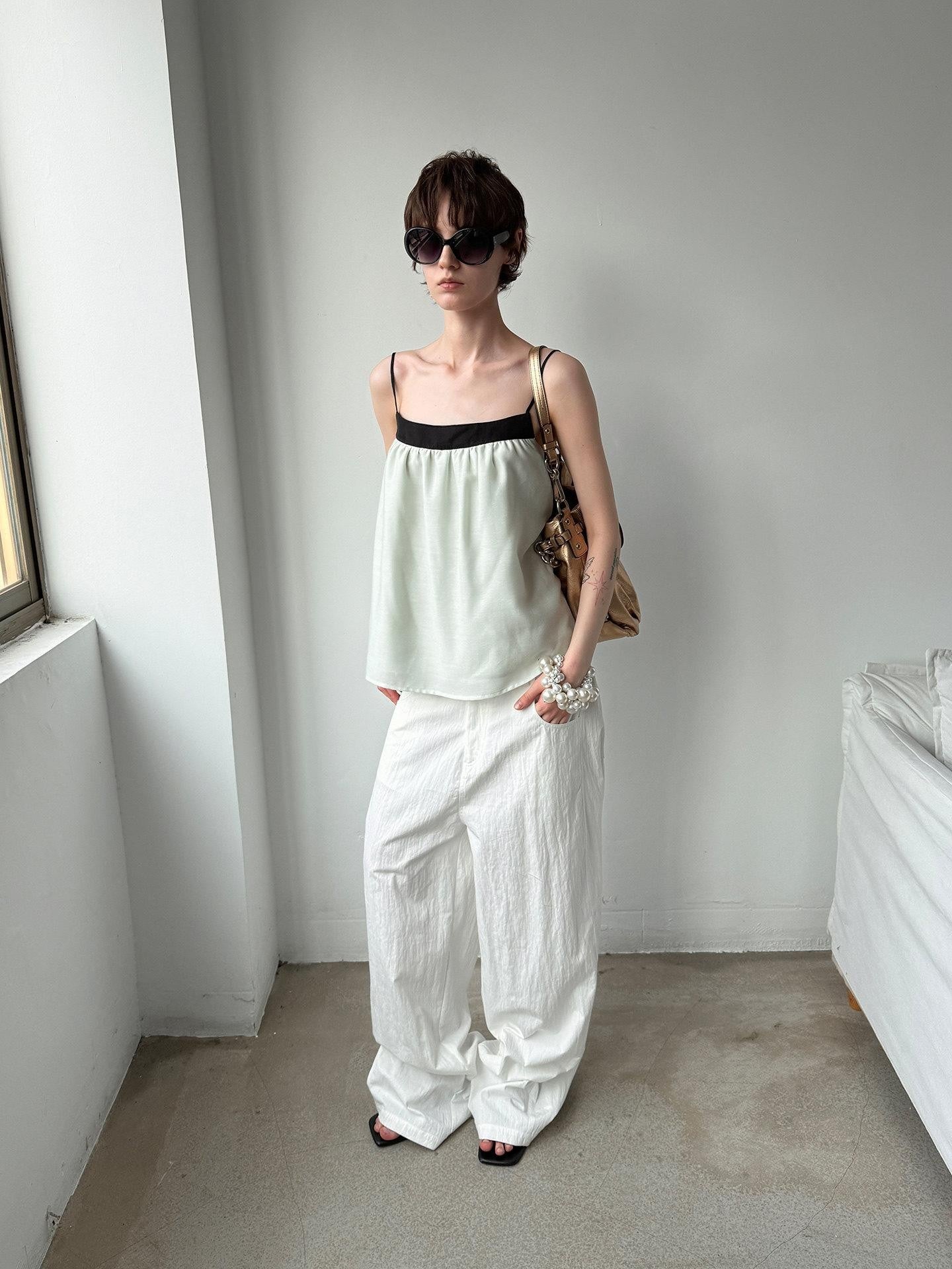 Delivery Mint Green Black Contrast Ruched Square Neck Loose Women&