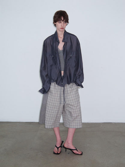 Delivery Navy Drawstring Sheer Lapel Women&