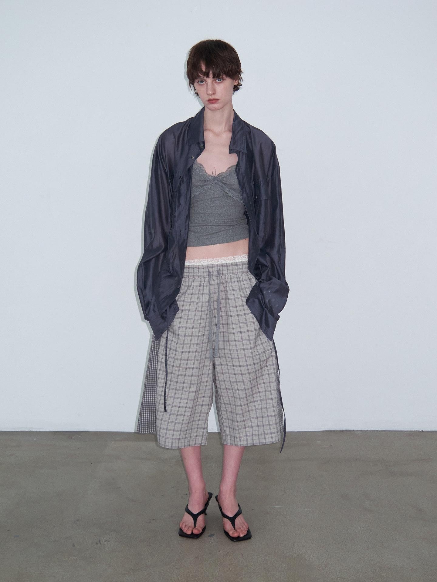 Delivery Navy Drawstring Sheer Lapel Women&