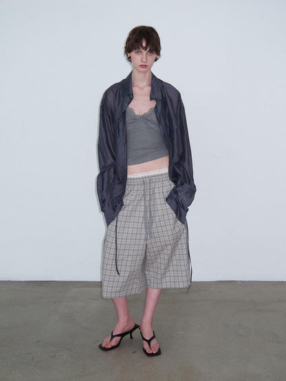 Delivery Navy Drawstring Sheer Lapel Women&