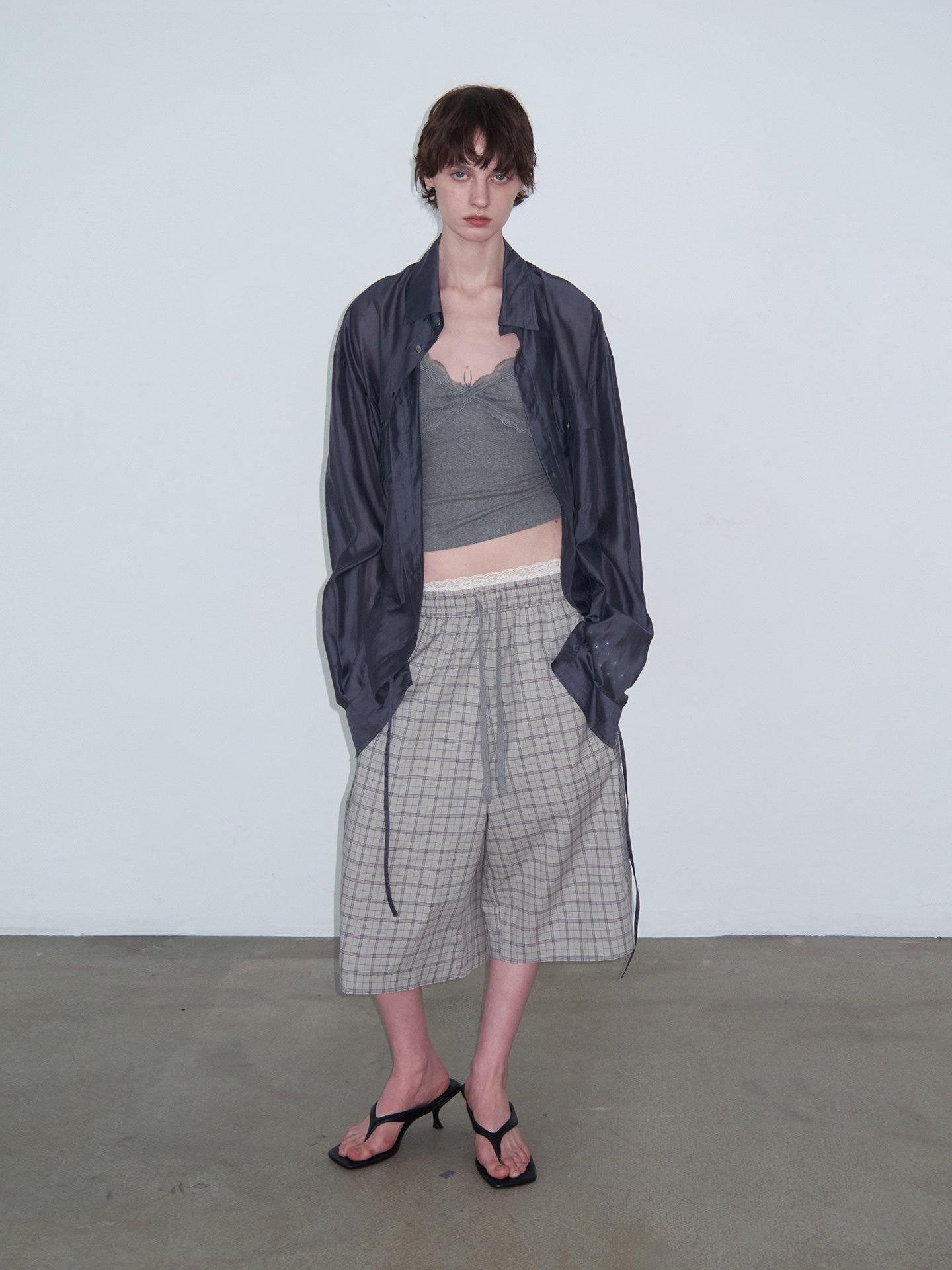 Delivery Navy Drawstring Sheer Lapel Women&