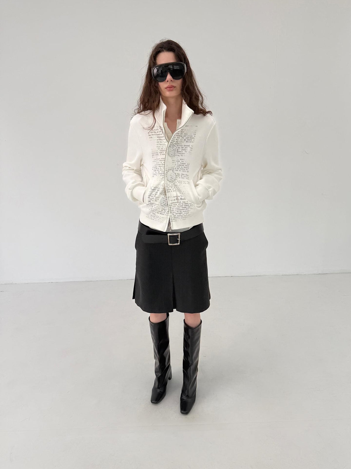 Delivery Newspaper Print Stand Collar Button Cotton Women&