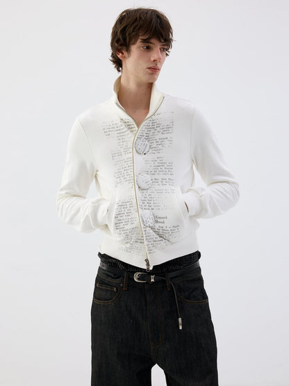 Delivery Newspaper Print Stand Collar Button Cotton Women&
