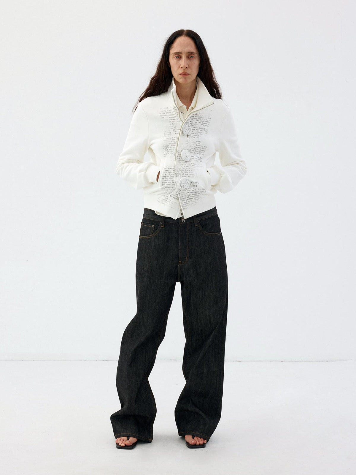 Delivery Newspaper Print Stand Collar Button Cotton Women&