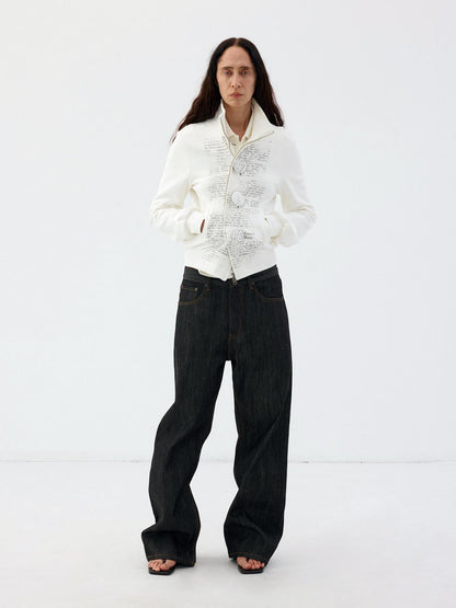 Delivery Newspaper Print Stand Collar Button Cotton Women&