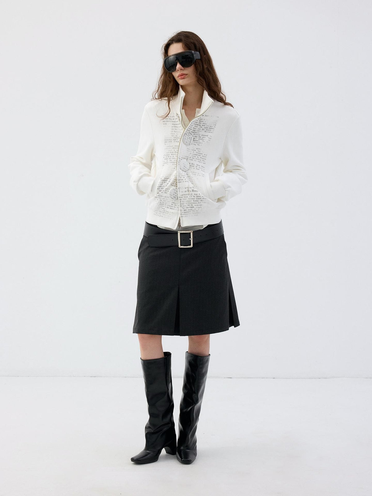 Delivery Newspaper Print Stand Collar Button Cotton Women&