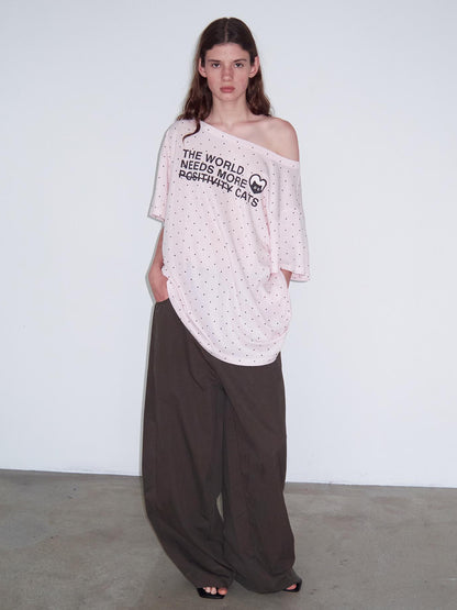 Delivery Off Shoulder Pink Polka Dot T-shirt With Positive Slogan Print