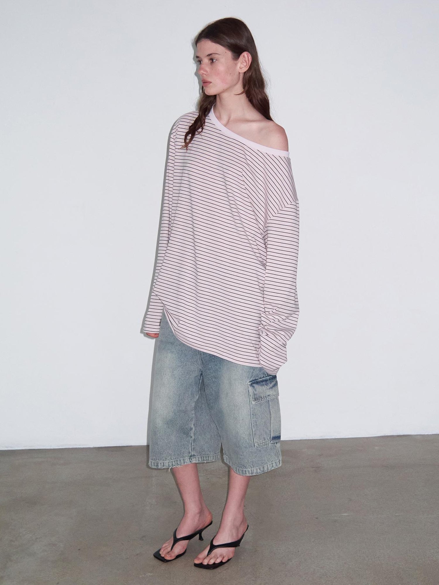 Delivery Off Shoulder Slouchy Striped Top With Wide Neckline