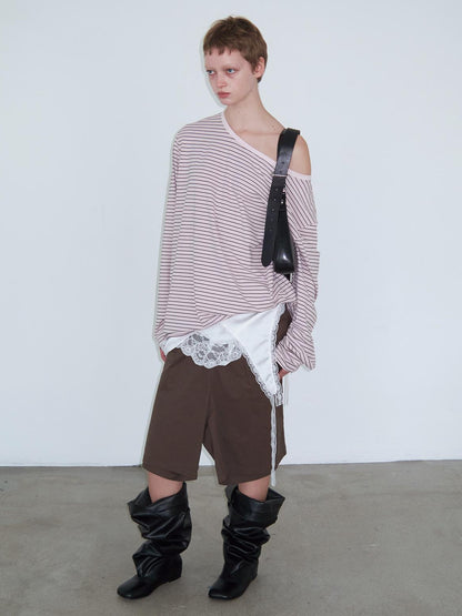 Delivery Off Shoulder Slouchy Striped Top With Wide Neckline