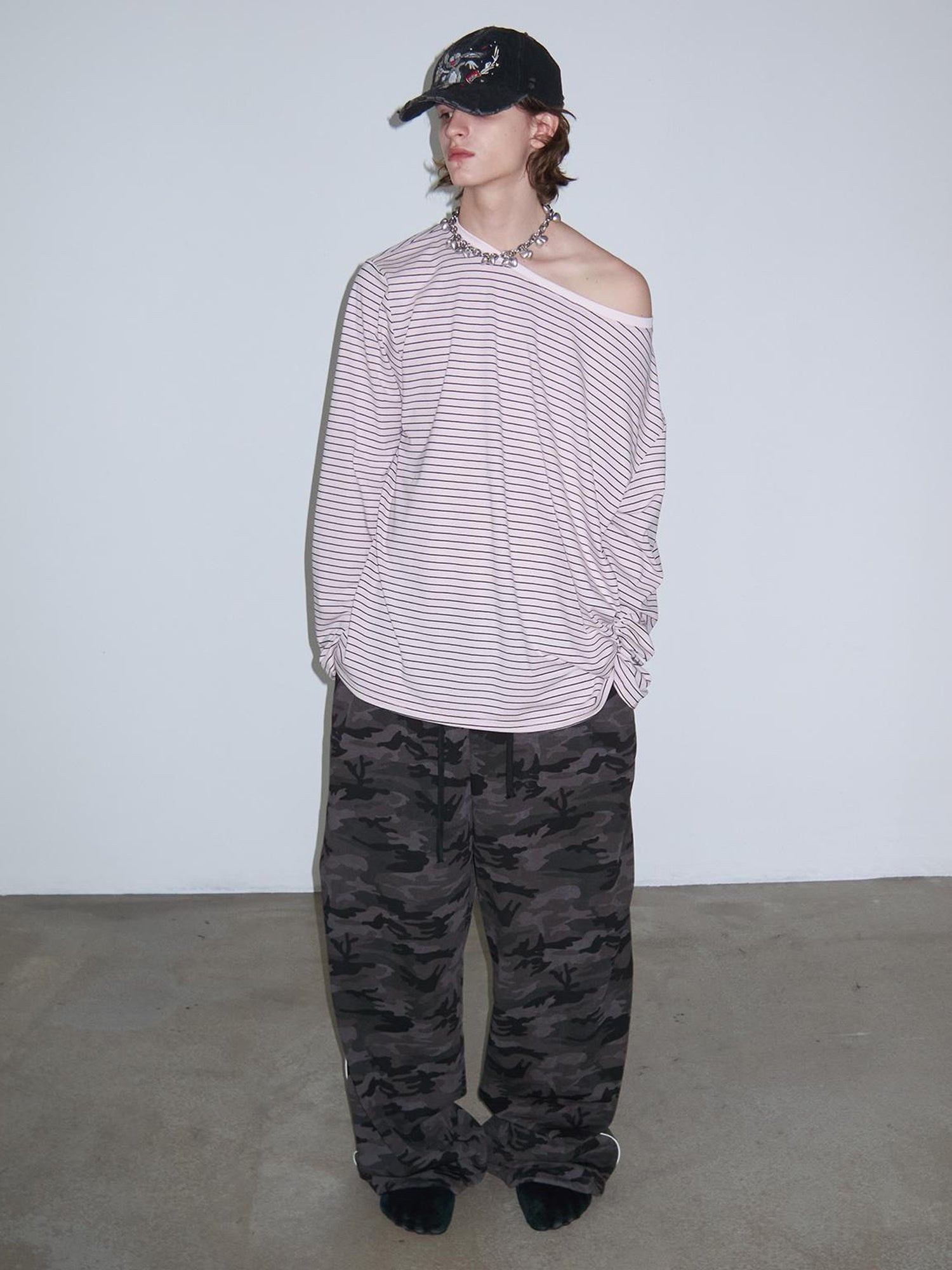 Delivery Off Shoulder Slouchy Striped Top With Wide Neckline