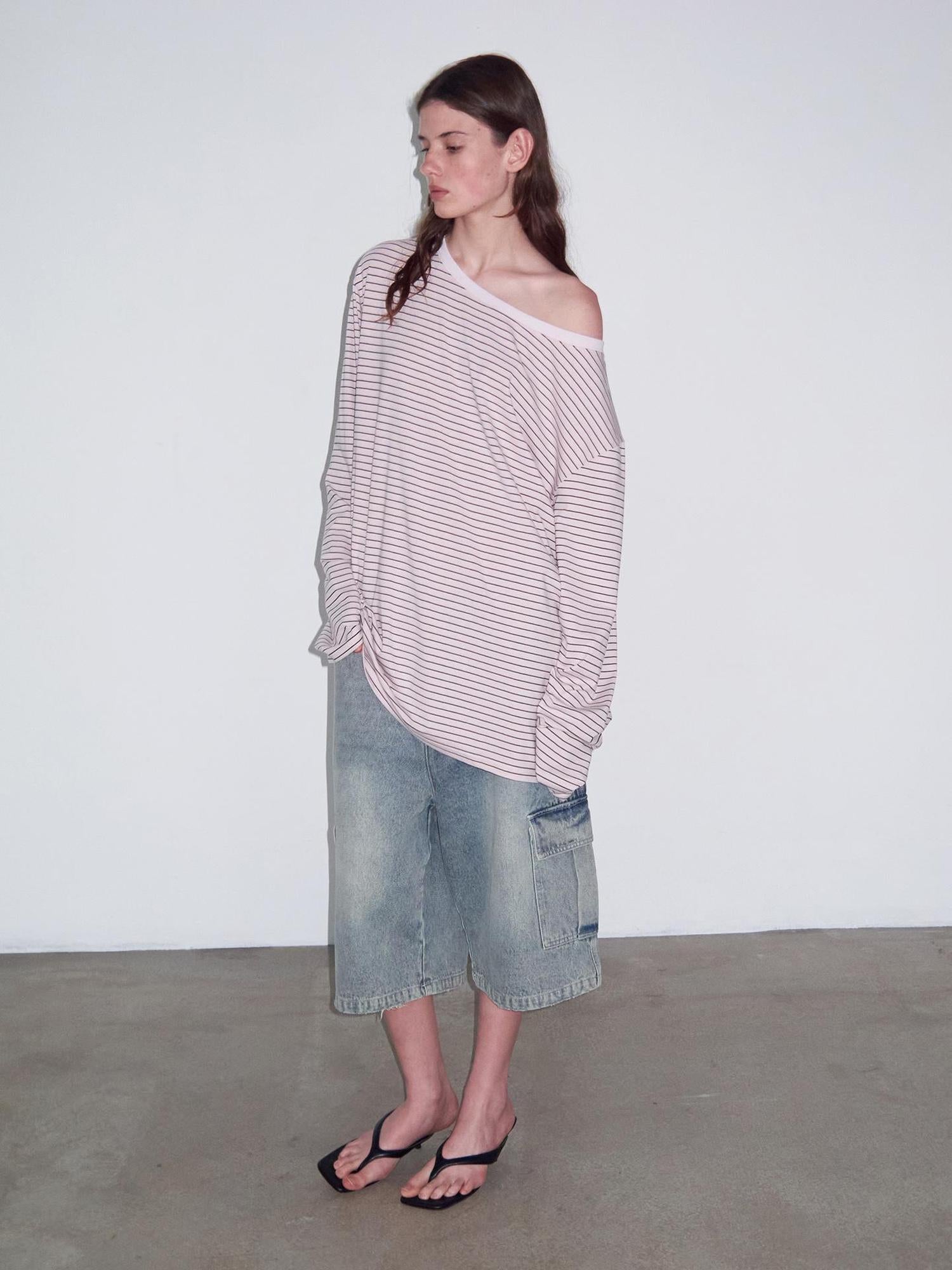 Delivery Off Shoulder Slouchy Striped Top With Wide Neckline
