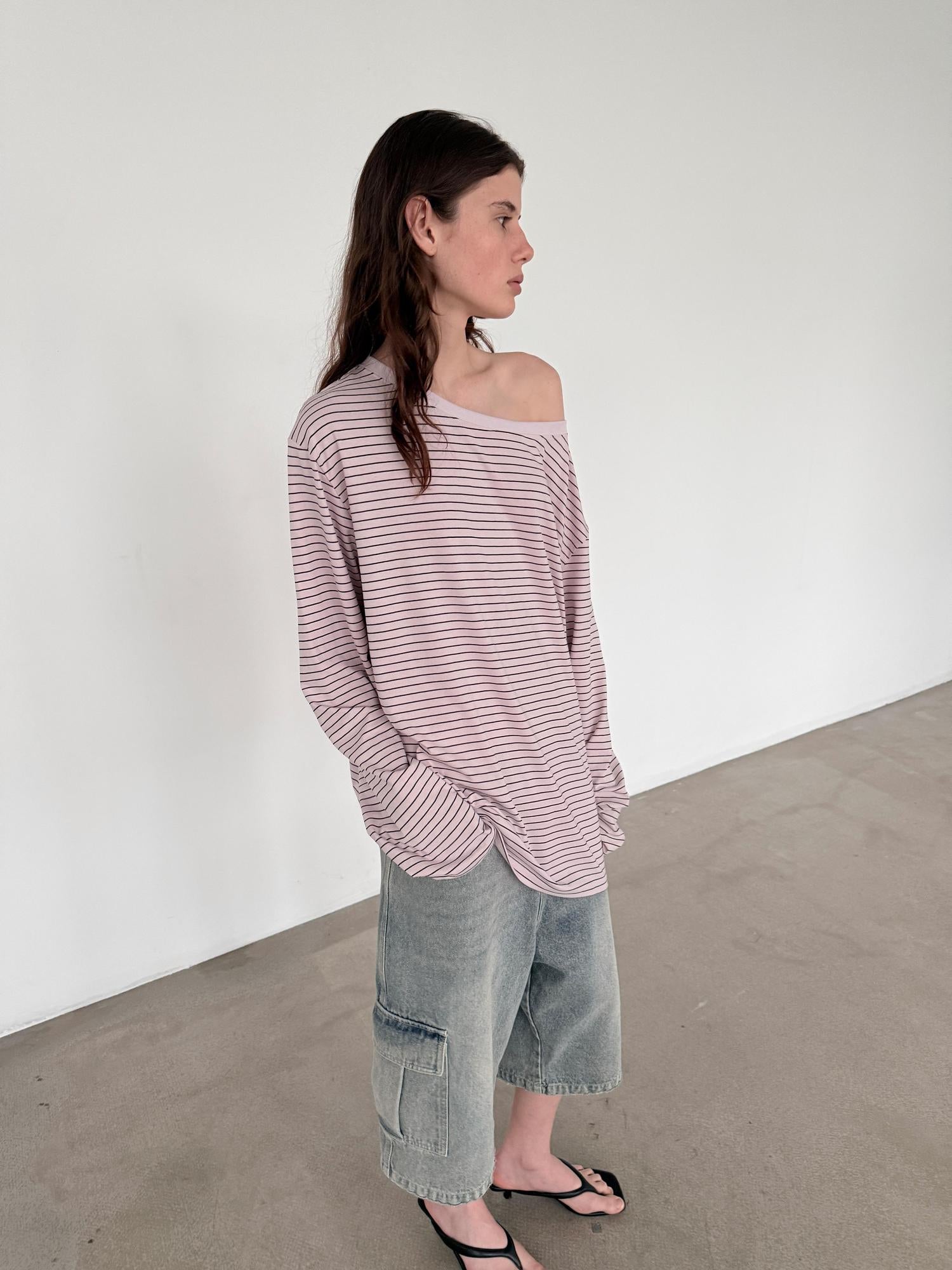 Delivery Off Shoulder Slouchy Striped Top With Wide Neckline