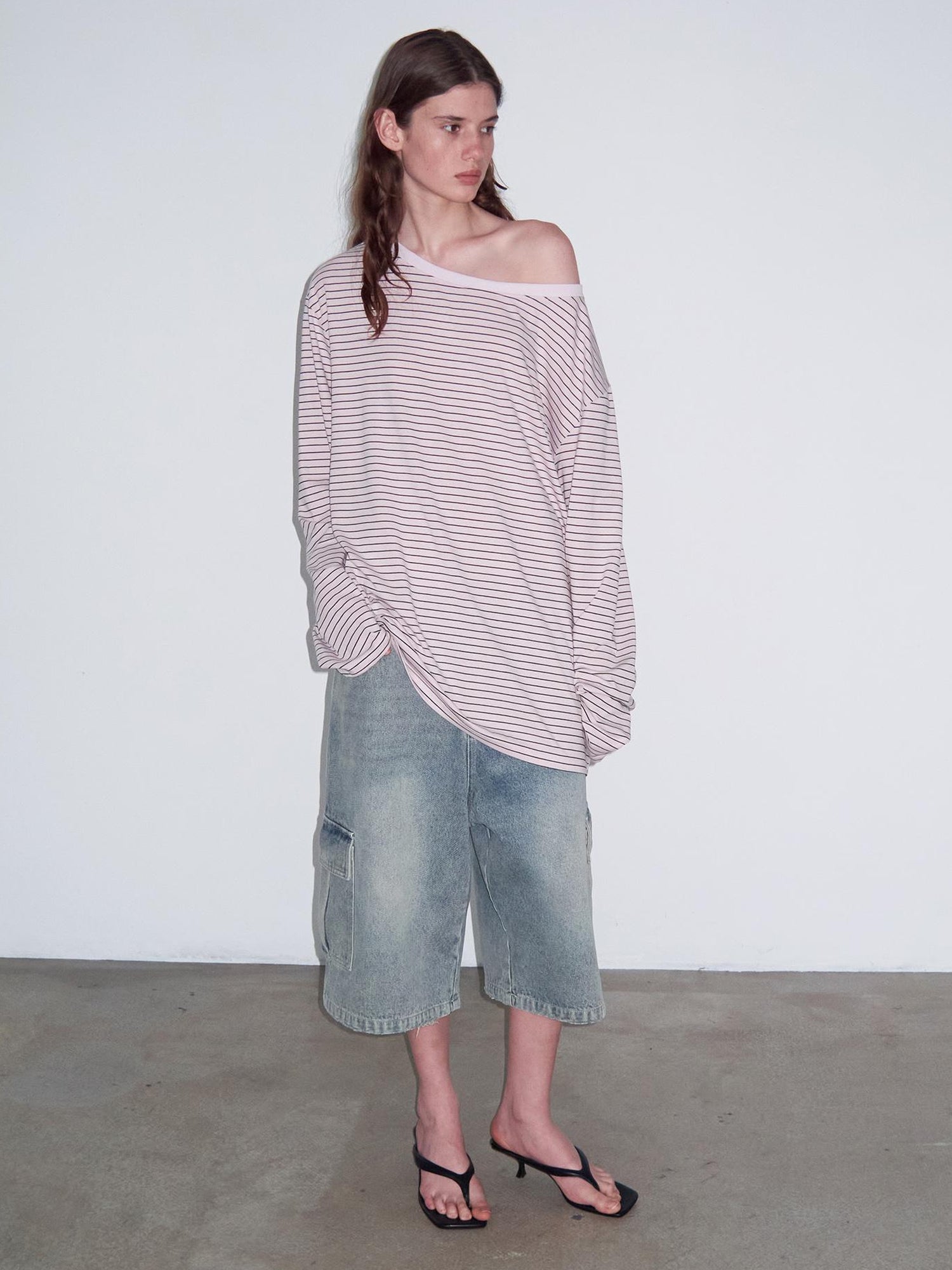 Delivery Off Shoulder Slouchy Striped Top With Wide Neckline