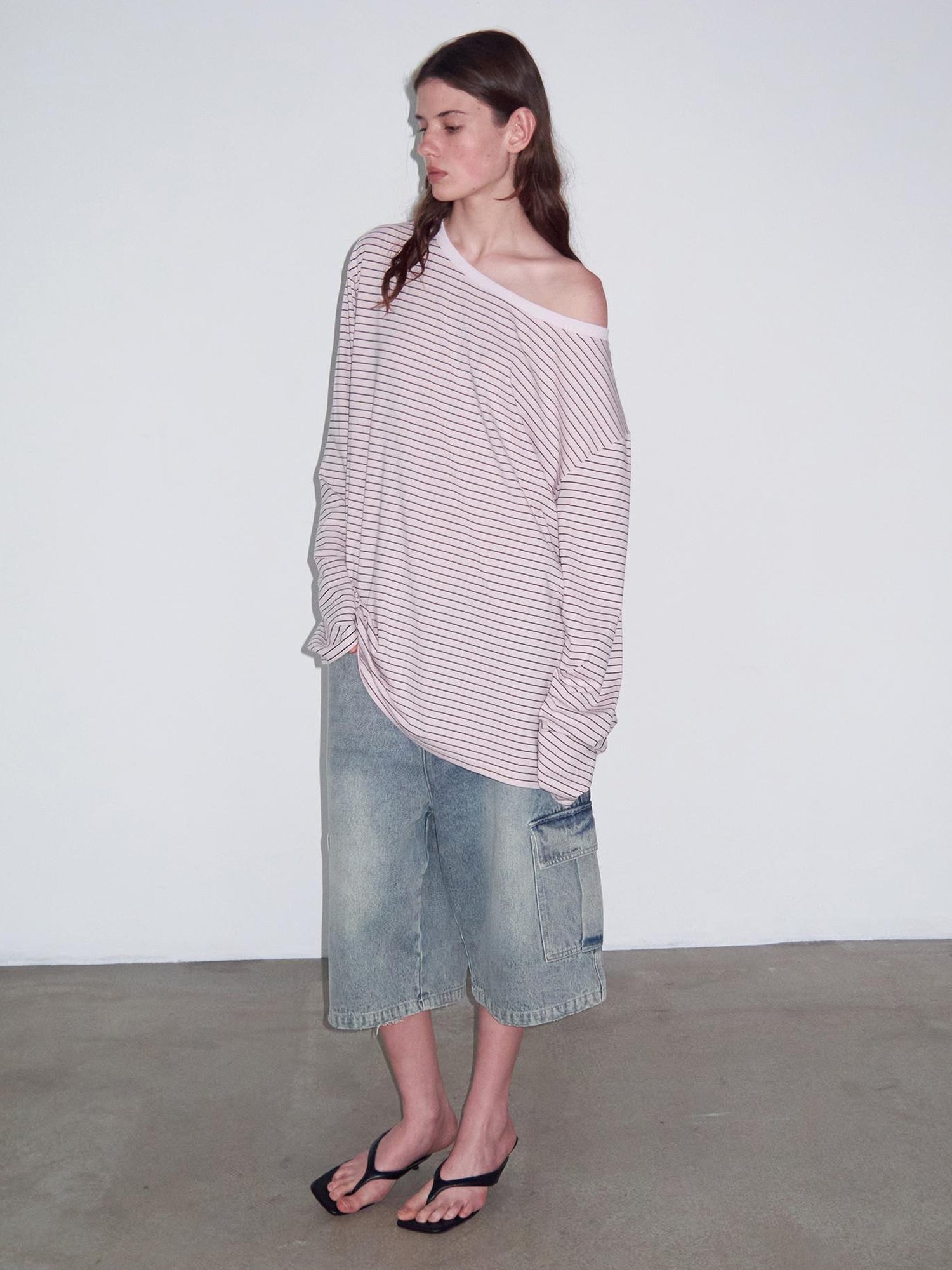 Delivery Off Shoulder Slouchy Striped Top With Wide Neckline