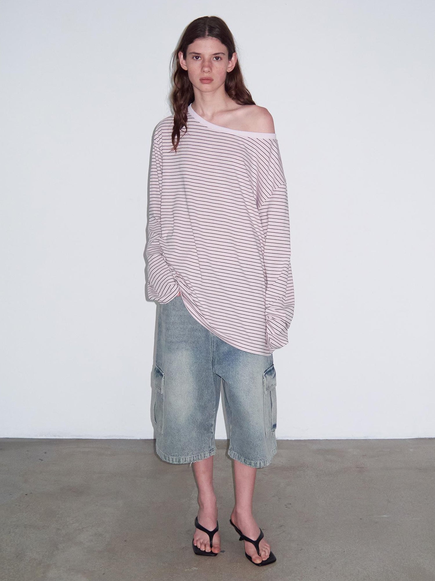 Delivery Off Shoulder Slouchy Striped Top With Wide Neckline