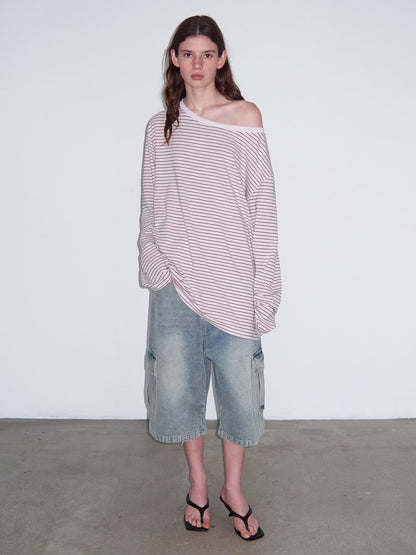 Delivery Off Shoulder Slouchy Striped Top With Wide Neckline
