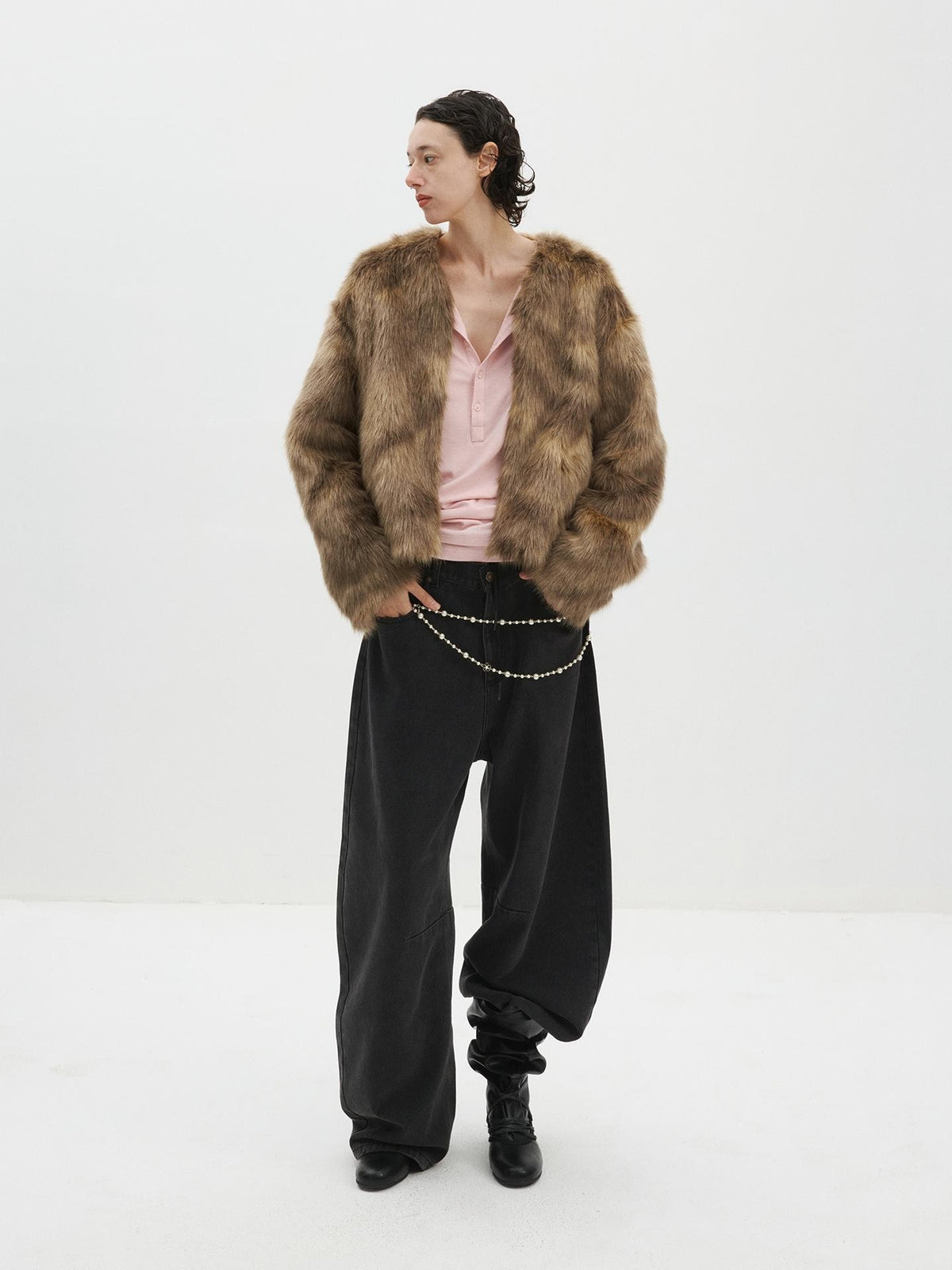 Delivery Ombre Brown V-neck Fuzzy Faux Fur Women&