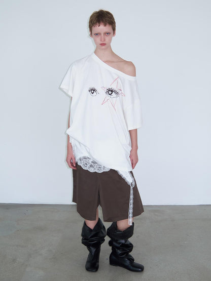 Delivery Oversized Drop Shoulder White T-shirt With Starry Eye Print